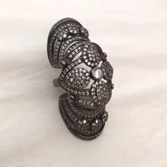 GORGEOUS SILVER GUNMETAL CZ COVERED JOINTED FULL FINGER SHIELD KNUCKLE RING NWT - Picture 3 of 11